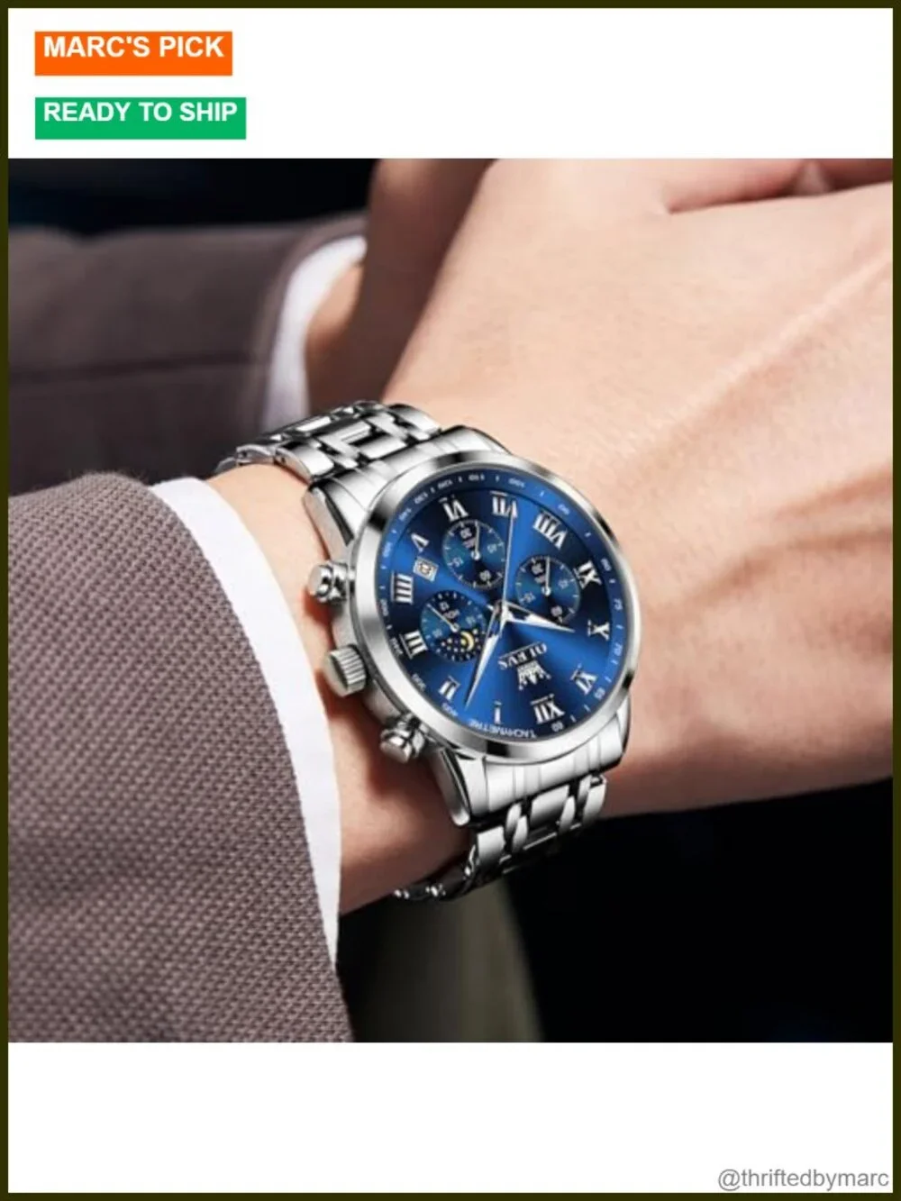 Stainless Steel Chronograph Watch, Roman Numerals Date Analog Quartz Dress